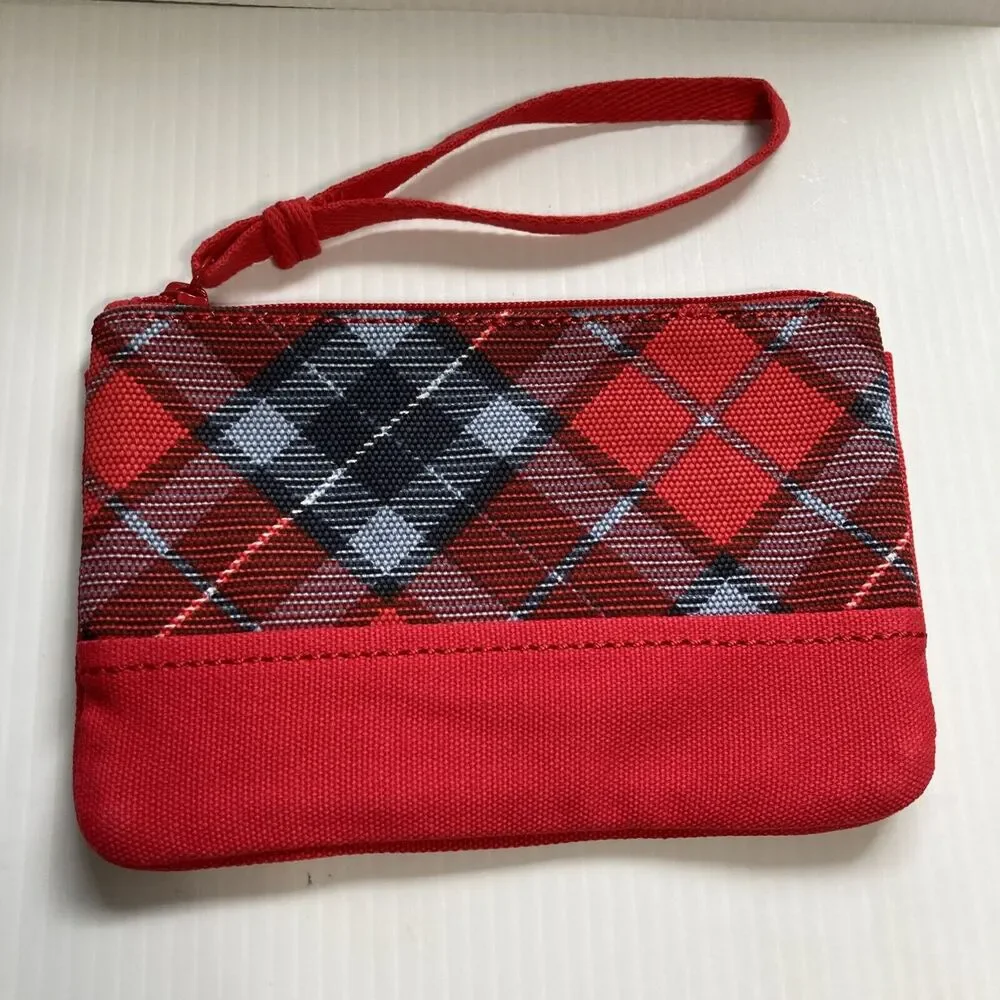 LANDS END Plaid Cotton Canvas Large Zip Pouch Purse Wristlet 8 x 5 x 0.5 inches